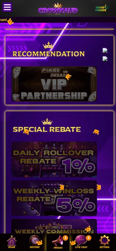 Crownaud Casino mobile promotions screen showing the automatic A$20 offer
