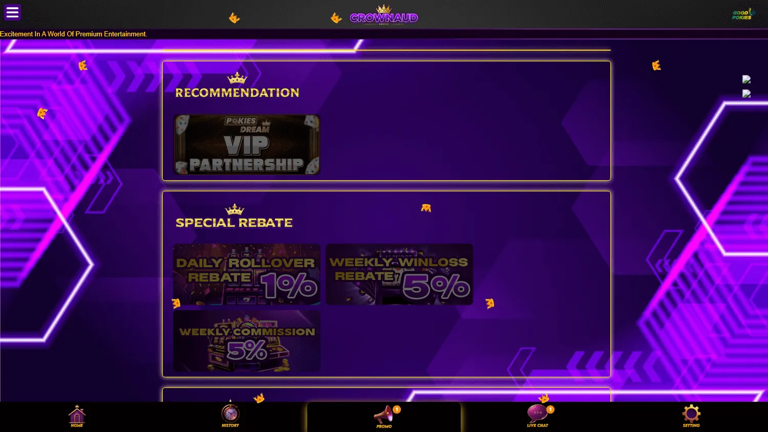 Crownaud Casino desktop promotions screen showing the A$20 no deposit bonus