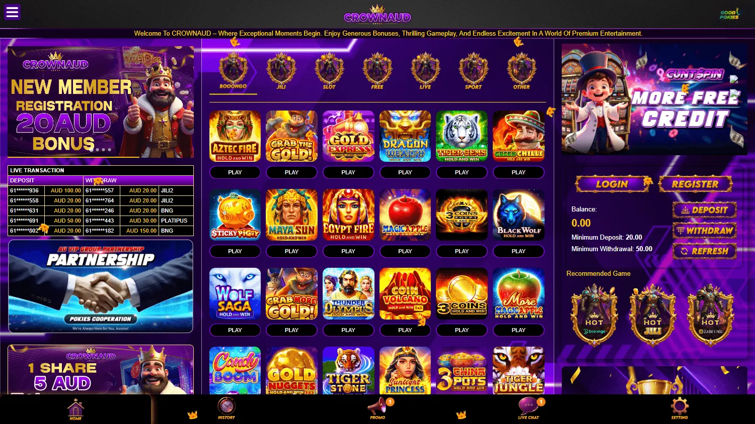 Crownaud Casino desktop home screen with casino access and account offer