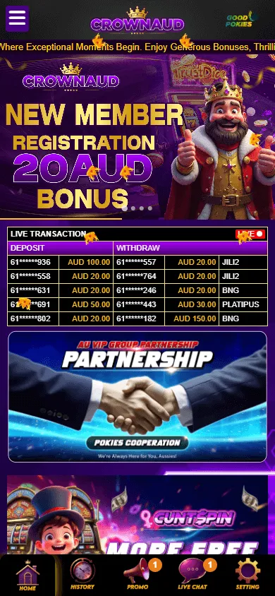 Crownaud Casino mobile home screen with casino access and Crown Rewards information